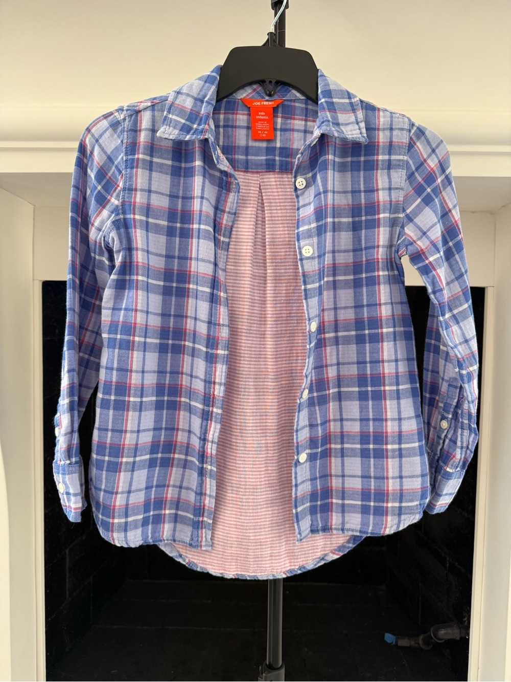 Joe Fresh Blue Plaid Button-Down Shirt with Pink lining/ Size 7/8 Girls